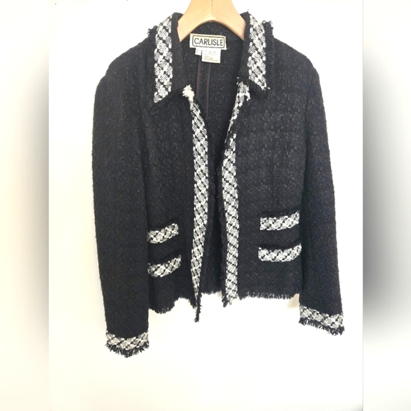 CARSLILE black knit women's blazer with fringed edge, open front| size 8 - Picture 1 of 7